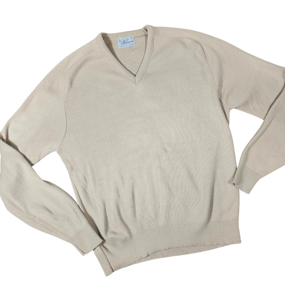 Pinnacle Made in USA Beige Knit V-Neck Sweater Men's XL‎ Vintage 70s-80s
